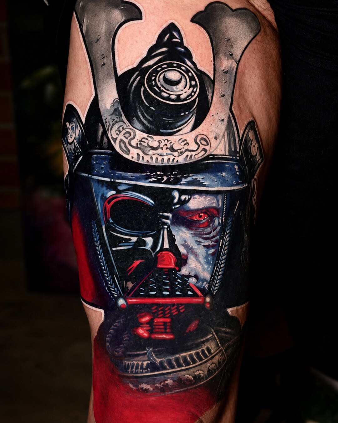 Color realism Darth Vader tattoo with red details