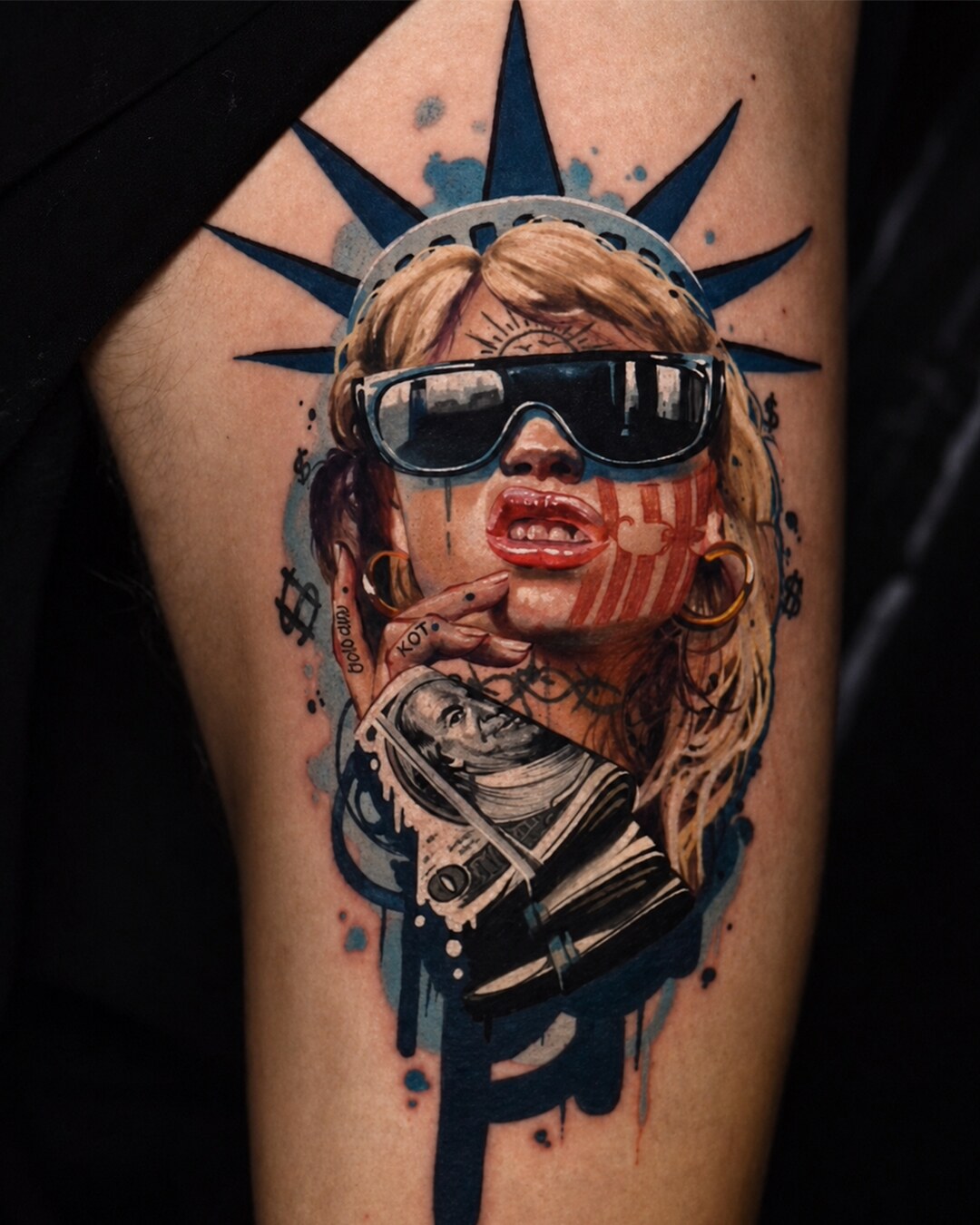 Color realism tattoo of a woman wearing a futuristic visor